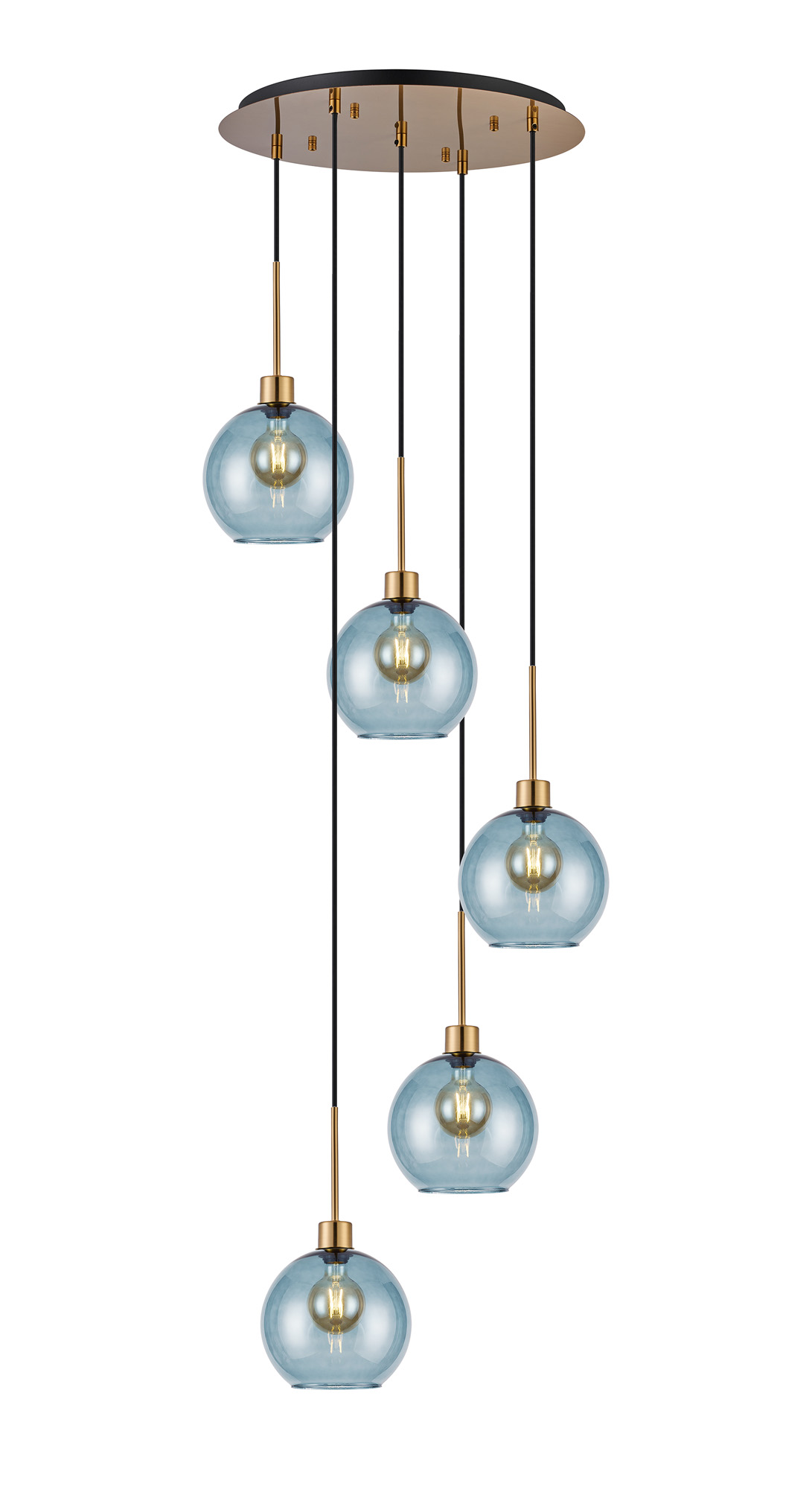 DK1191  Lori 45cm Round Pendant, 5 Light Adjustable E27, Antique Gold/Blue Open Mouth Round Globe Shades